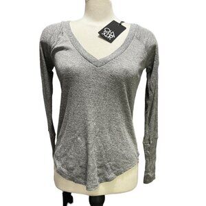 Chaser V Neck Ribbed Long Sleeve Round Hem T Shirt Sz Small Womens Grey